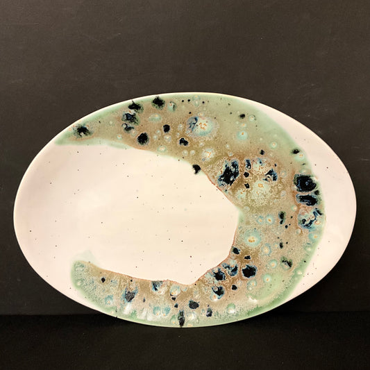 Medium Oval Platter with Celadon, Midnight Blue & Copper Abstract Design