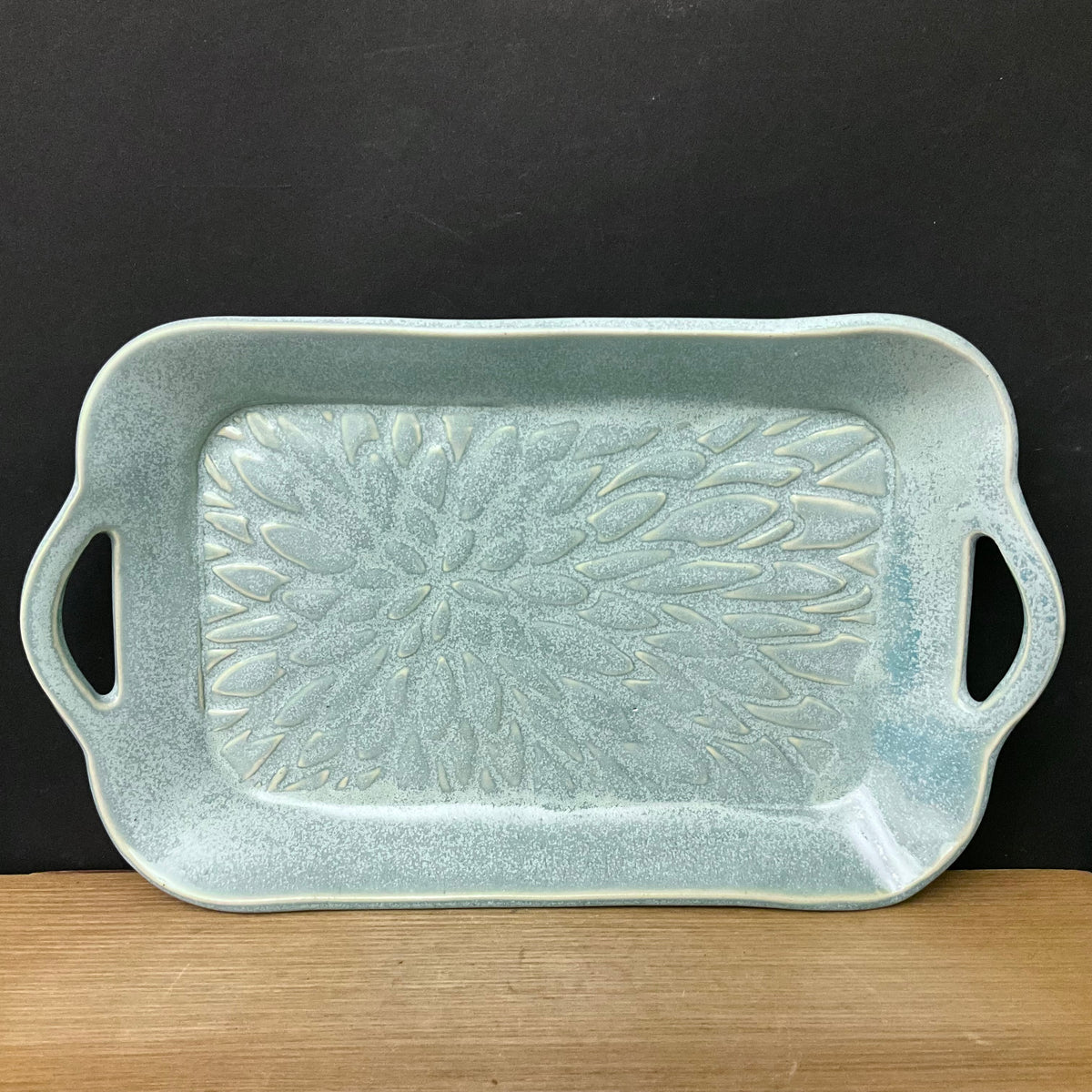 Handled Tray in Aqua with Embossed Floral Design