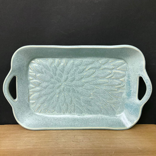Handled Tray in Aqua with Embossed Floral Design