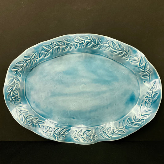 Large Oval Platter in Blue w/ Wavy Edge & Embossed Vine Design