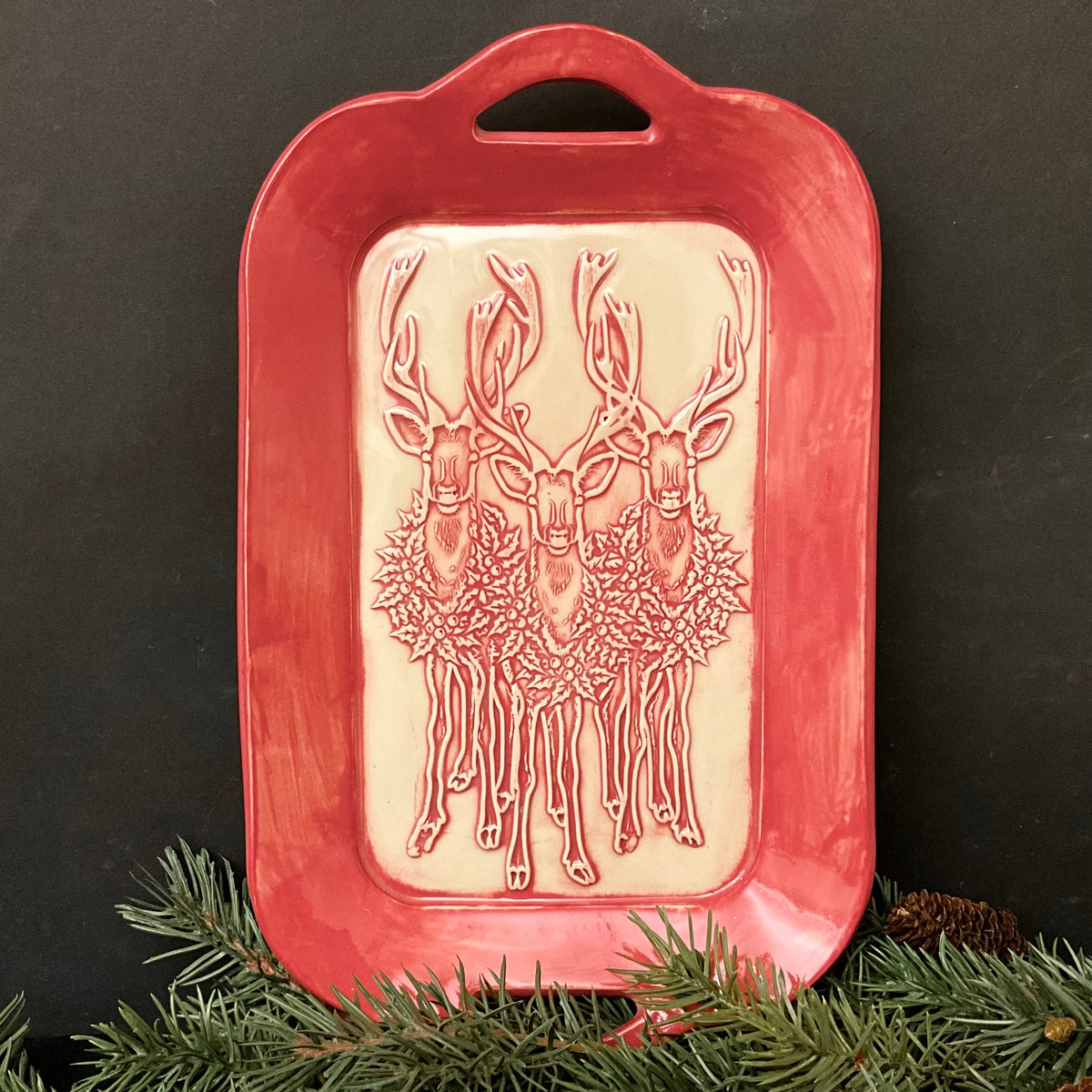 Handled Tray in Red & White with Three Reindeer