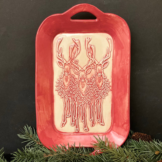Handled Tray in Red & White with Three Reindeer