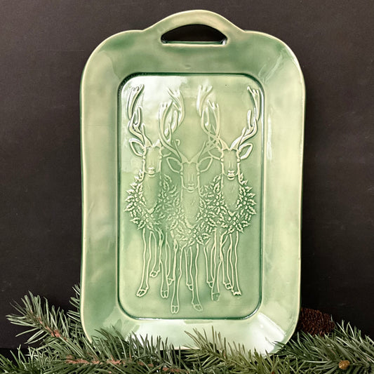 Handled Tray in Green with Three Reindeer