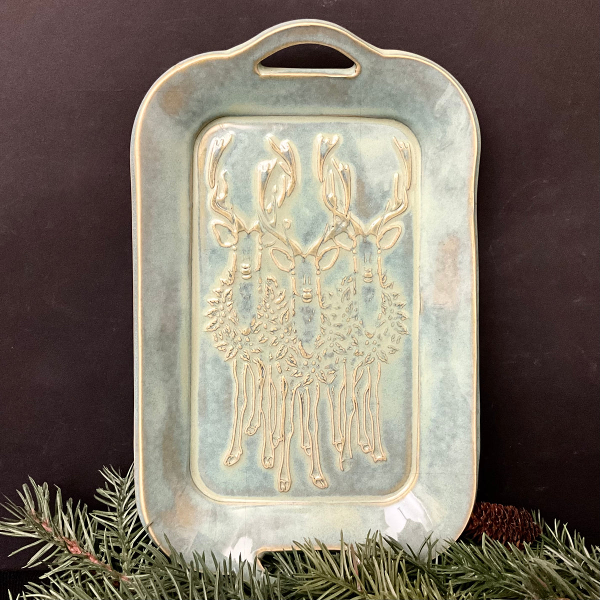 Handled Tray in Celadon with Three Reindeer
