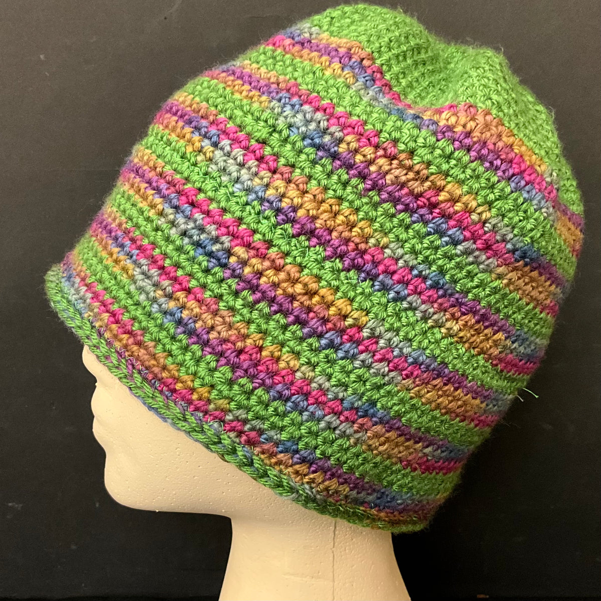 Hand Crocheted Hat in Fine Yarn in Evergreen and jewel tones- size M