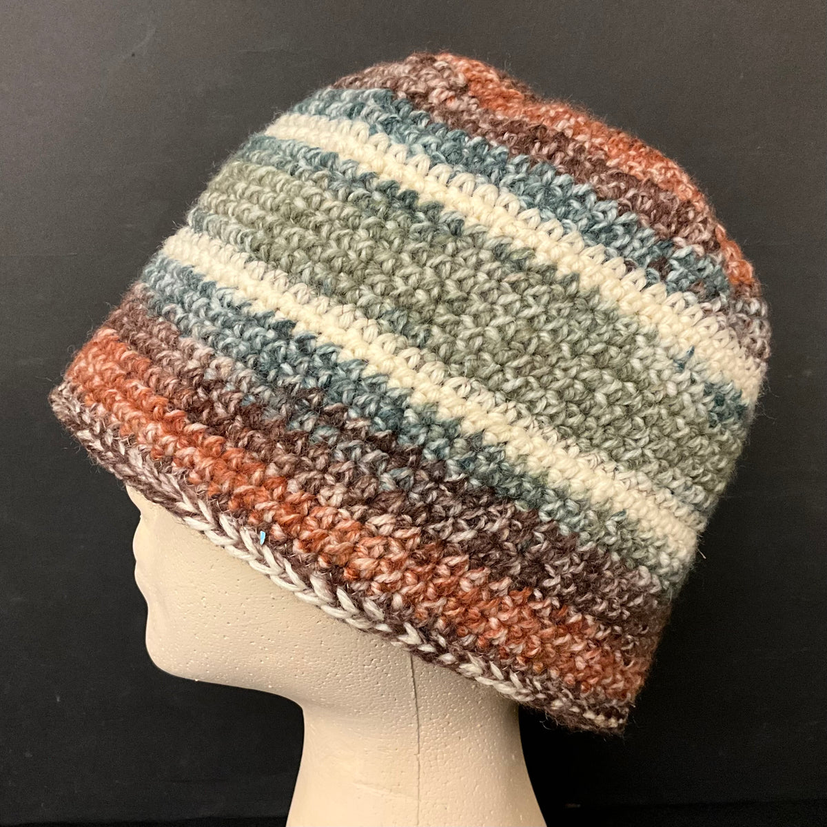 Hand Crocheted Hat in Fine Yarn in Browns with teal - size M
