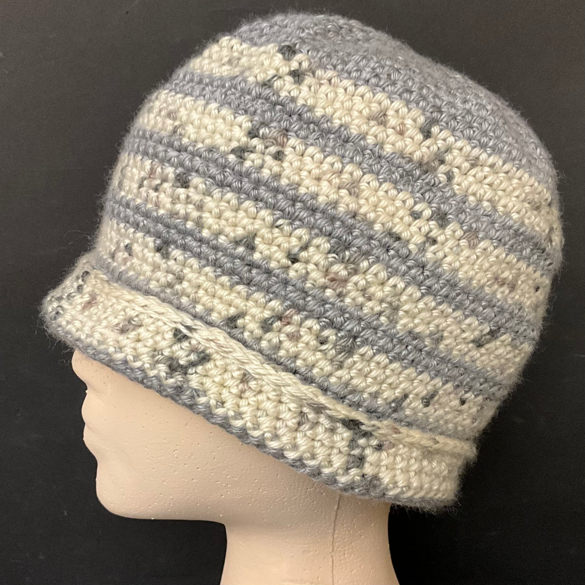 Hand Crocheted Hat in Fine Yarn in medium Grey & Cream - size S
