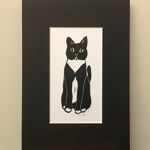 “Dainty Cat” Rubber Block Print with Black Mat