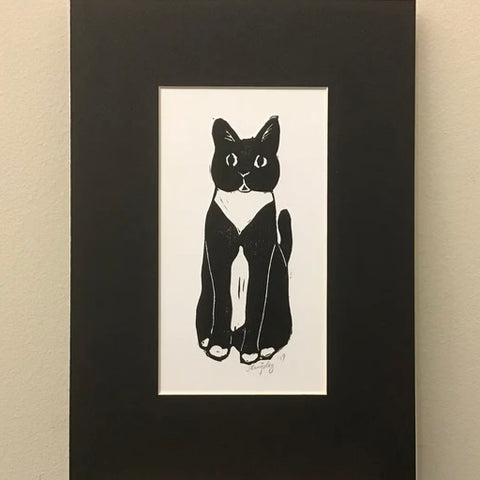 “Dainty Cat” Rubber Block Print with Black Mat