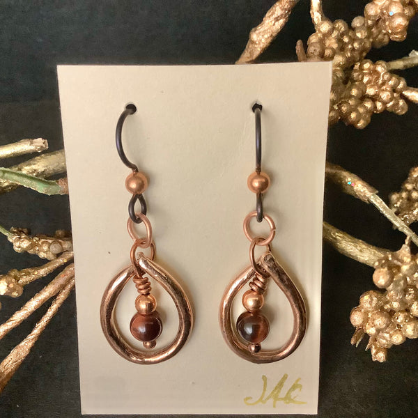 Earrings Copper Teardrop Copper Red Tiger Eye Beads #227