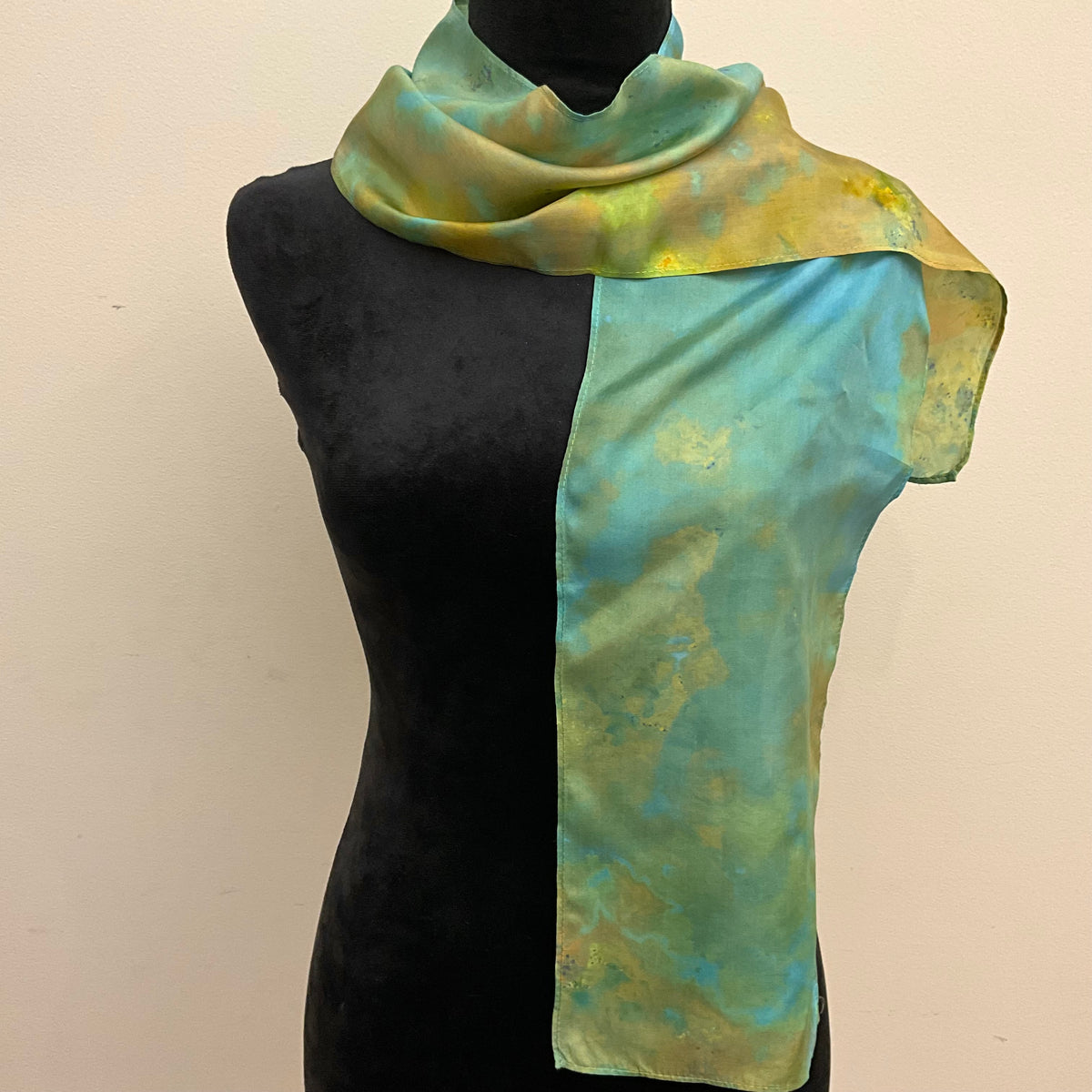 Small Haboti Ice Dyed Silk Satin Scarf - Turquoise Colorway