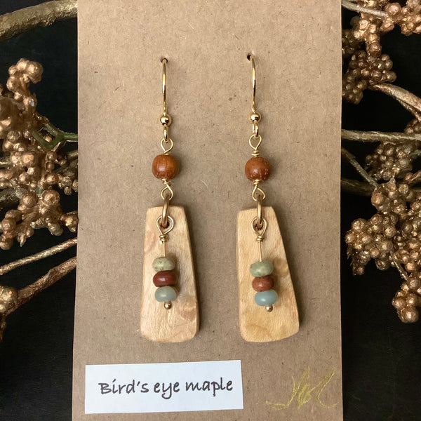 Earrings Bird's Eye Maple & Serpentine Beads #252