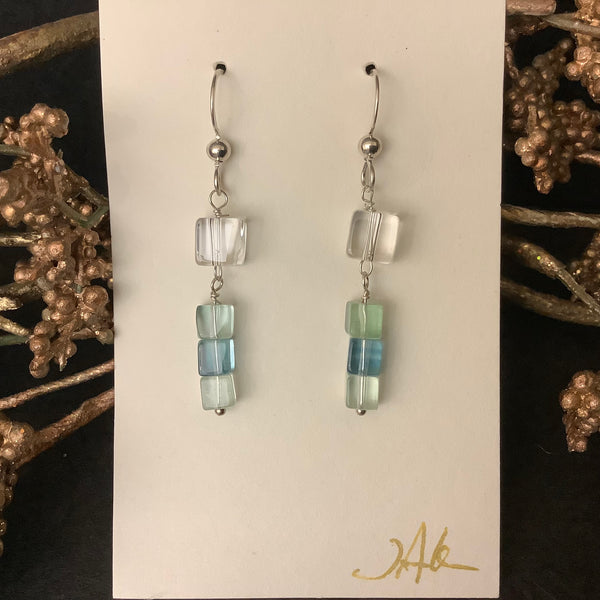 Earrings Green Flourite and Quartz Cube #201