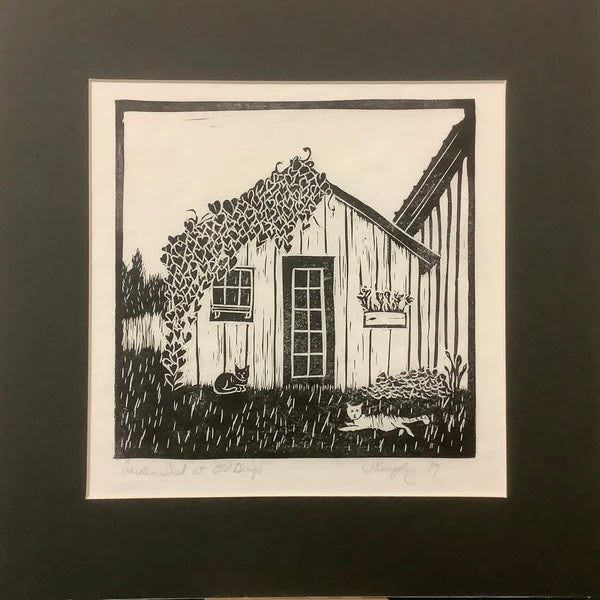 “Garden Shed” Rubber Block Print with Black Mat