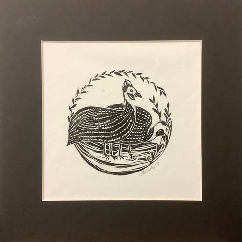 “Guinea Hens/Oxbow Lake” Rubber Block Print with Mat