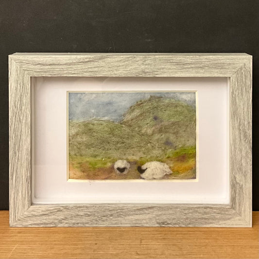 "Sheep Grazing" Hand Felted 7"x5" Painting