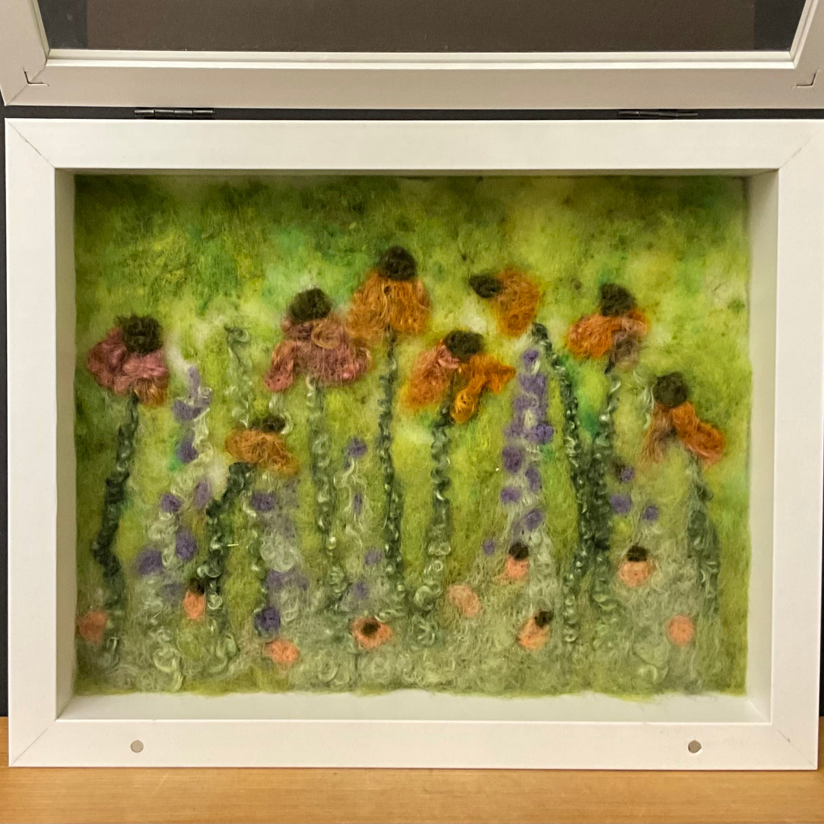 "Coneflowers" Hand Felted Painting 10"x8" Shadowbox