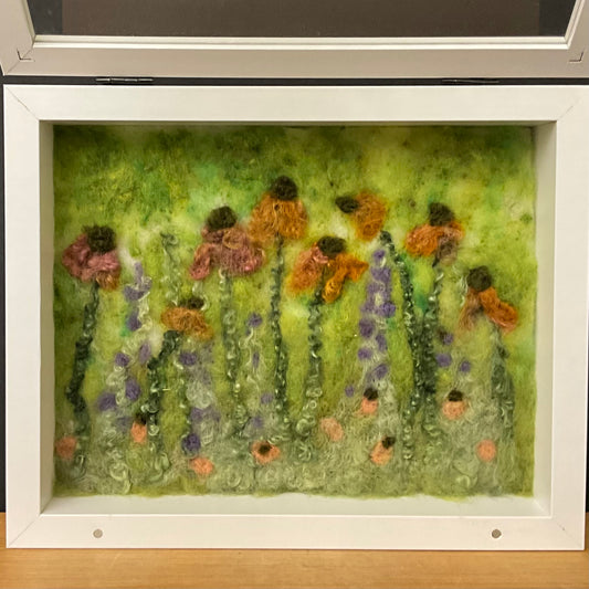 "Coneflowers" Hand Felted Painting 10"x8" Shadowbox
