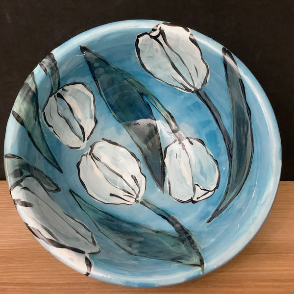 Bowl Dark Aqua with White Tulips