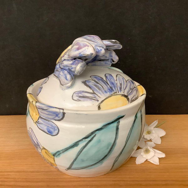 Lidded Jar w Blue & Yellow Flowers