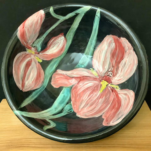 Deep Black Bowl with Pink Irises