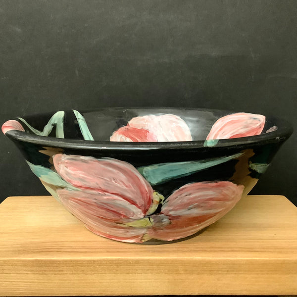 Deep Black Bowl with Pink Irises