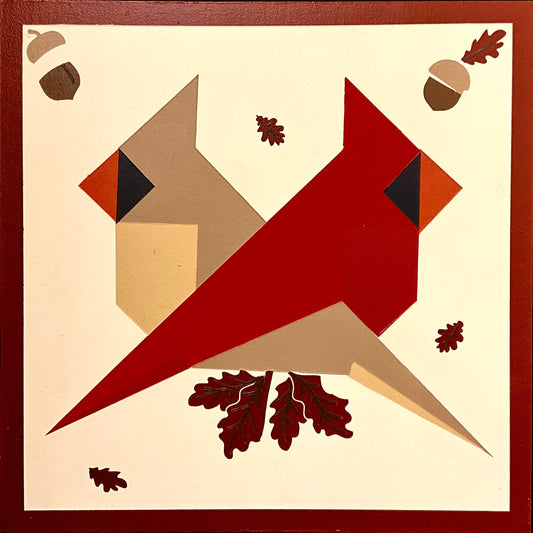 Barn Quilt Cardinal Pair with Acorns and Oak Leaves 1' x 1'