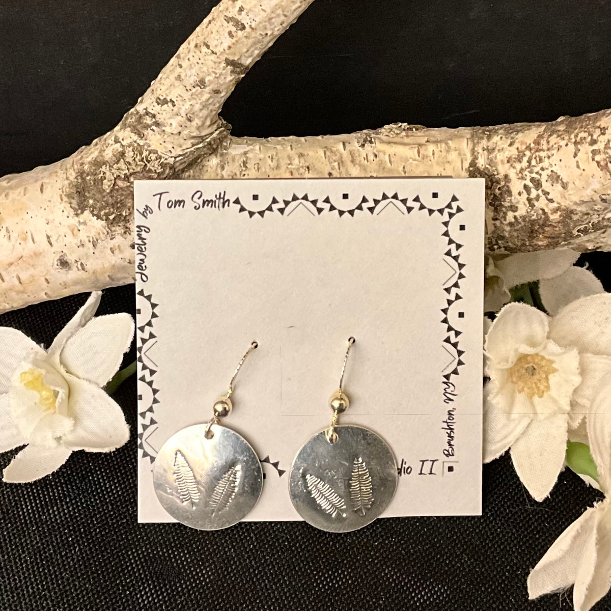 Silver Drop Round Earrings Stamped Leaves