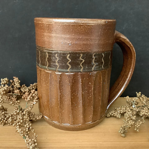 Salt-glazed Mug in Copper Brown w Carved “Squiggles”