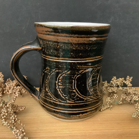 Stoneware Mug Brown Carved Pattern