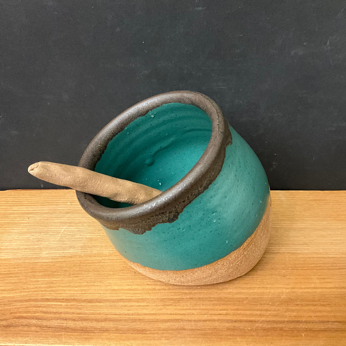 Salt Pig w/ Spoon - Turquoise w/ Brown rim