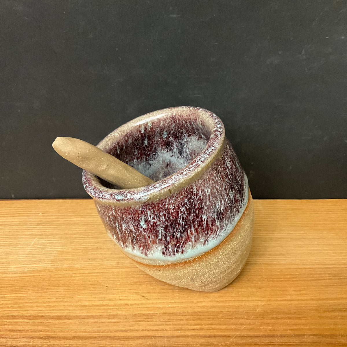 Salt Pig w/ Spoon - Burgundy & Blue dribble speckles