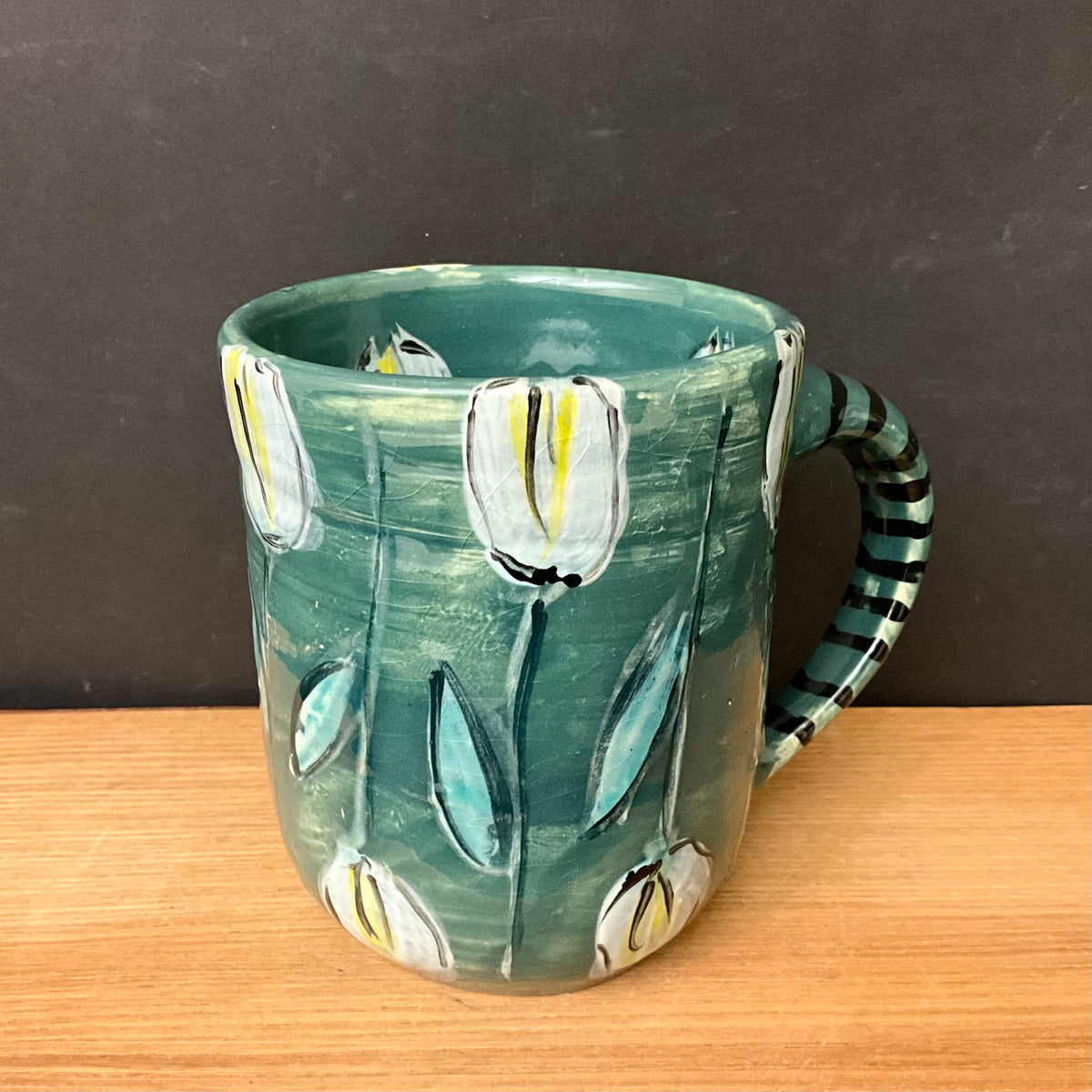 Mug White Tulips on Dark Green
