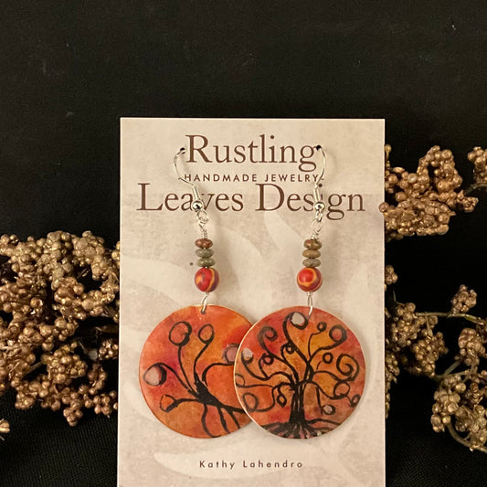 Round Orange Whimsey Tree earring