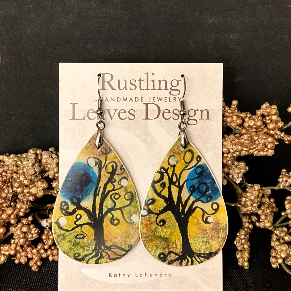 Olive & Gold Whimsey Tree w/ Blue Moon earring