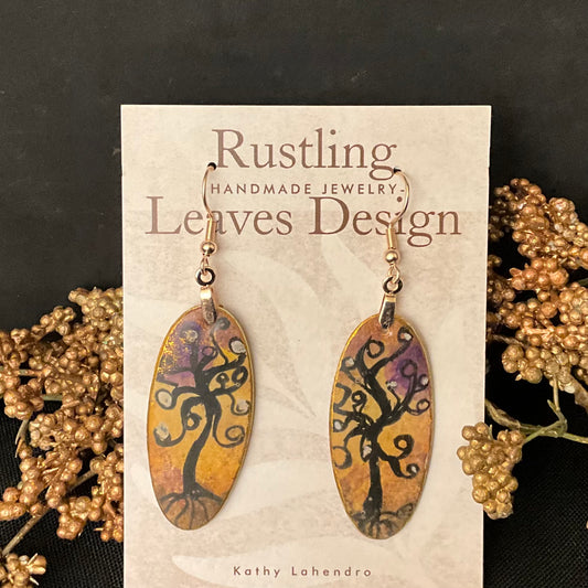 Gold Whimsey Tree Oval in gold & orange earring