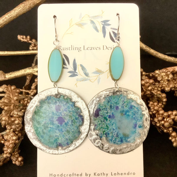 Teal Paper and Pewter DIsc Earrings