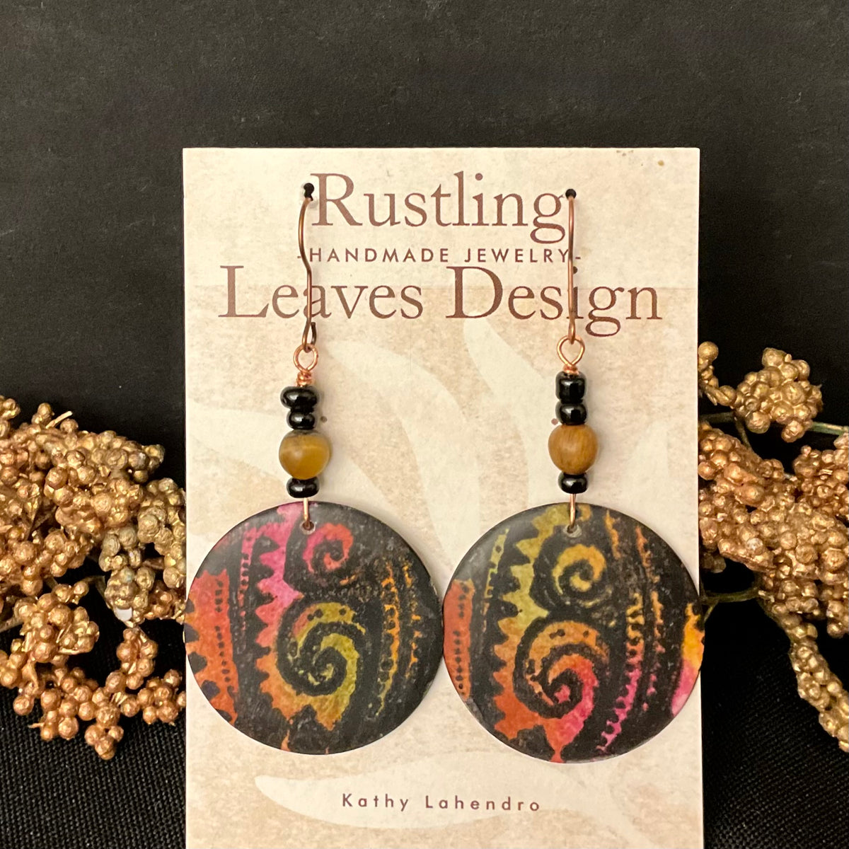 Pink & Orange Circle Earrings with Swirl Design