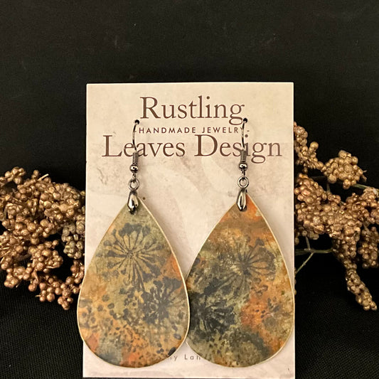 Green Gold Teardrop Earrings with Floral Design