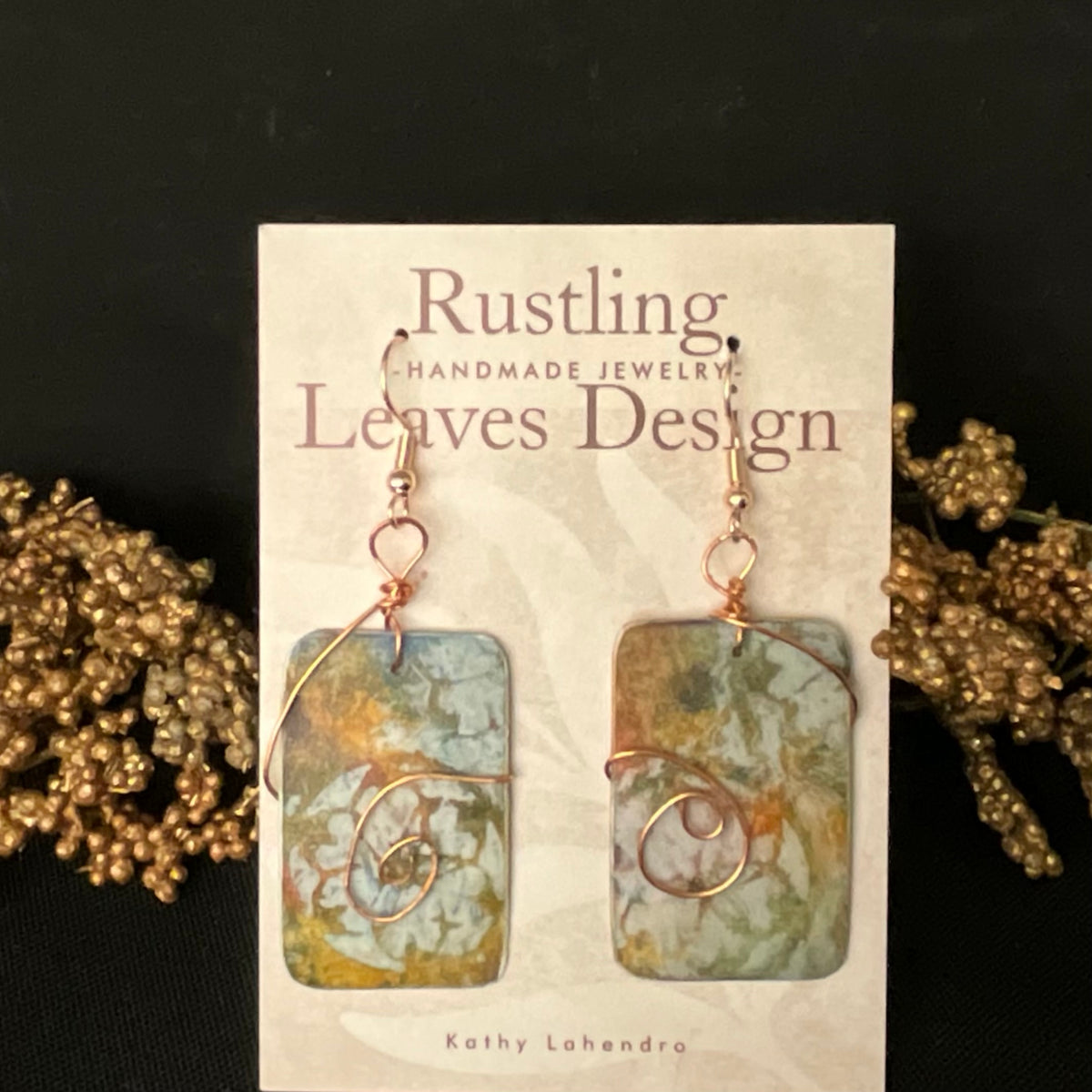 Rectangle Earrings in Dusty Blue & Green with Copper Swirl