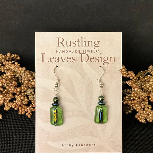 Fused Glass Earrings in Grass Green with iridescent accents