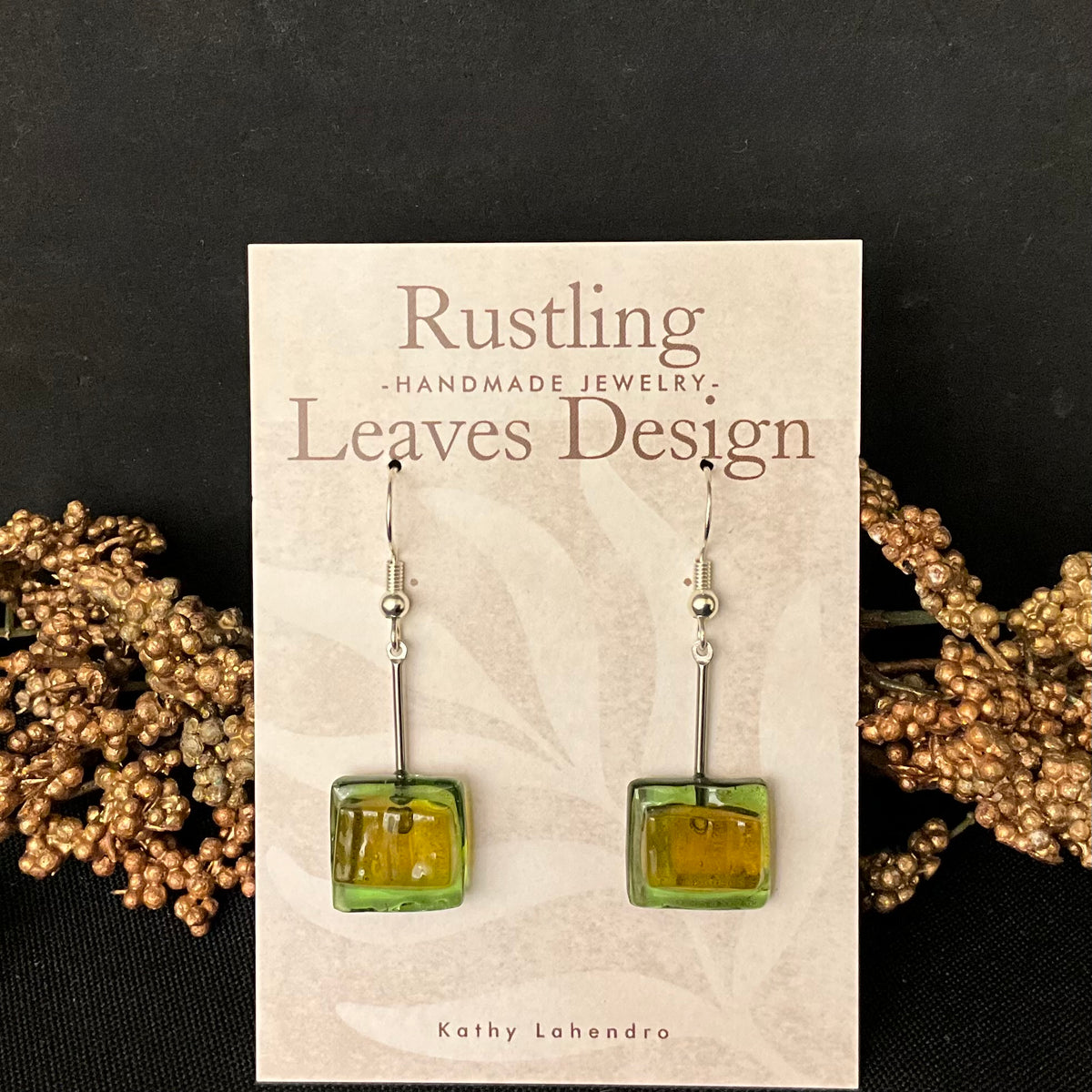 Fused Glass Earrings in Peridot Green with Yellow accents