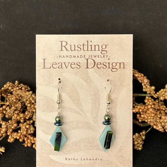Fused Glass Earrings in Aqua with Iridescent Accent