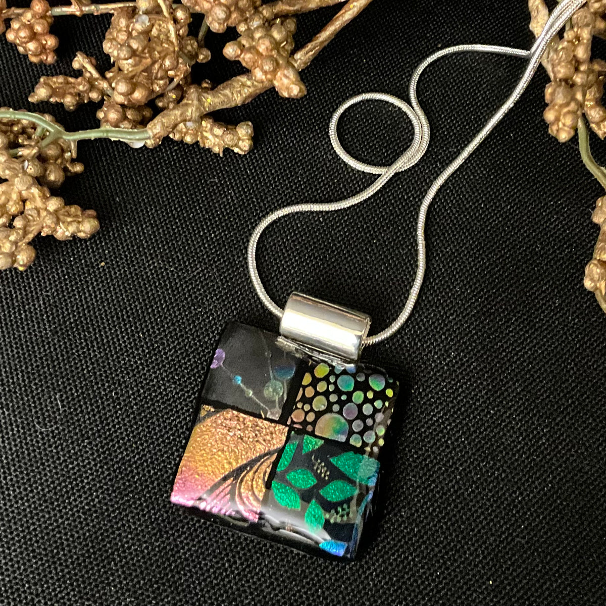 Fused Glass Pendant in Black with Multi Iridescent Patterns