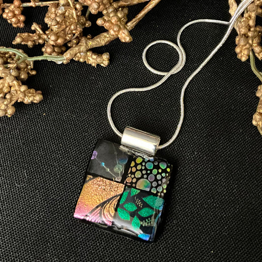 Fused Glass Pendant in Black with Multi Iridescent Patterns