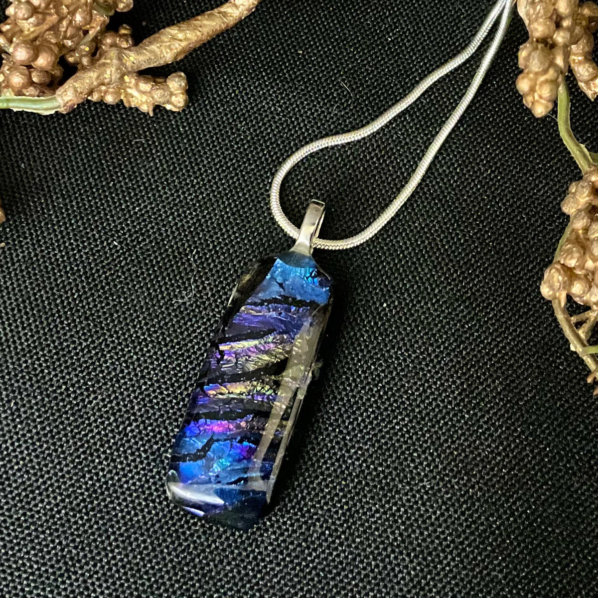 Fused Glass Pendant in Black with Purple/Blue Iridescent Striations