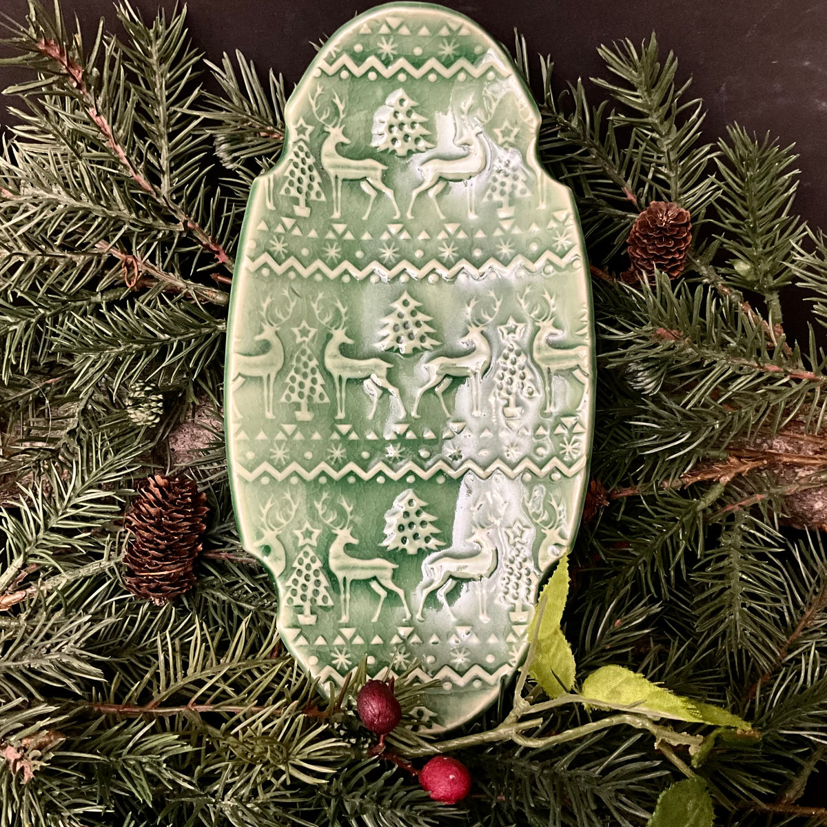 Green Oval Christmas Tray with Deer & Cut-in Details