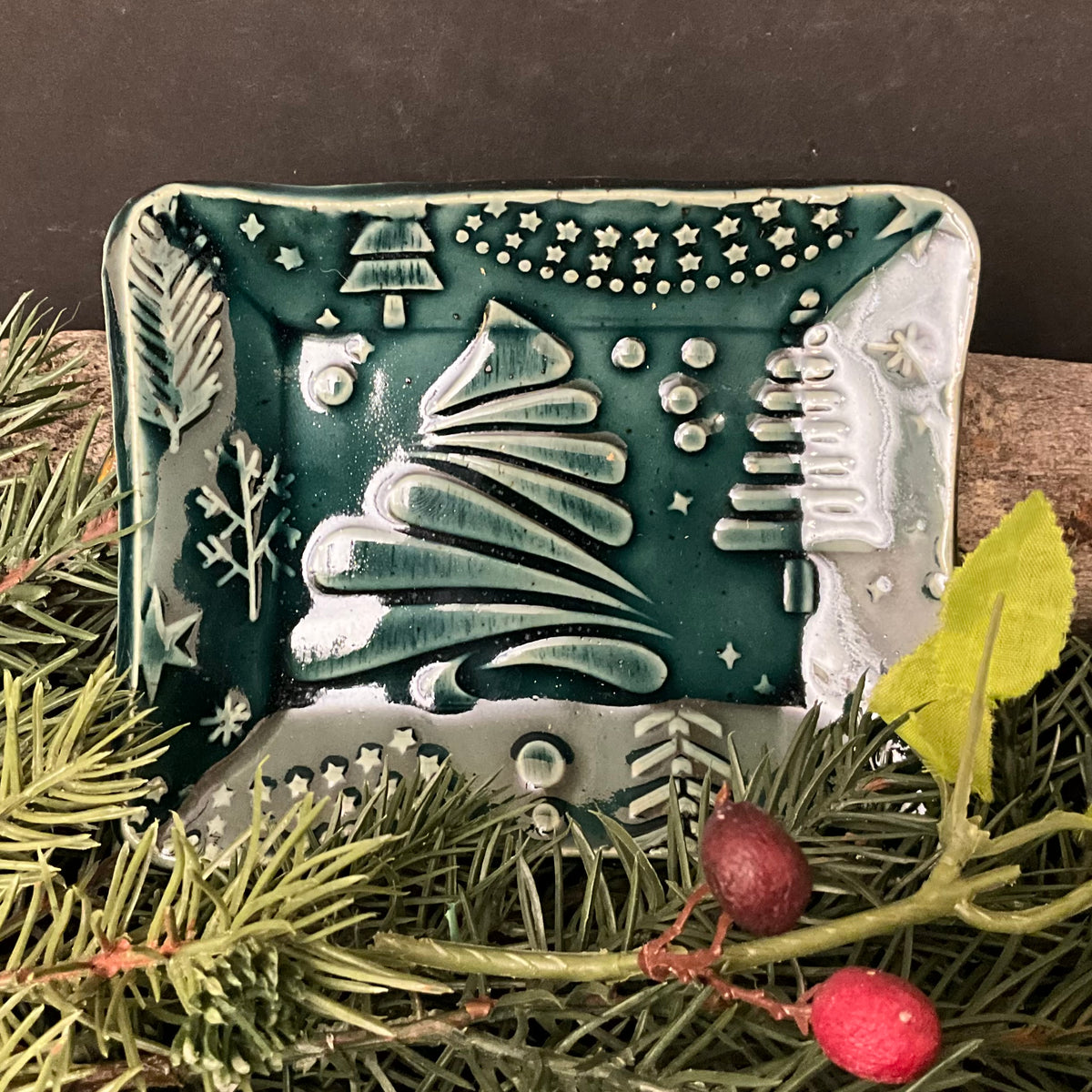 Spruce Green Trinket Dish with Abstract Tree