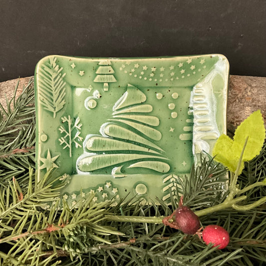 Green Trinket Dish with Abstract Tree