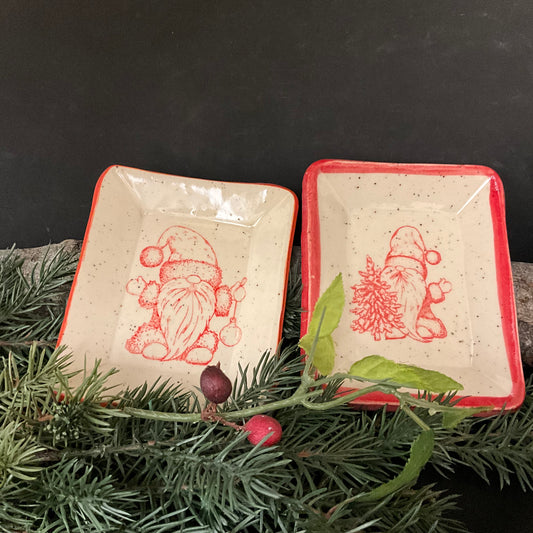 Trinket Dish with Christmas Gnome in Red on White